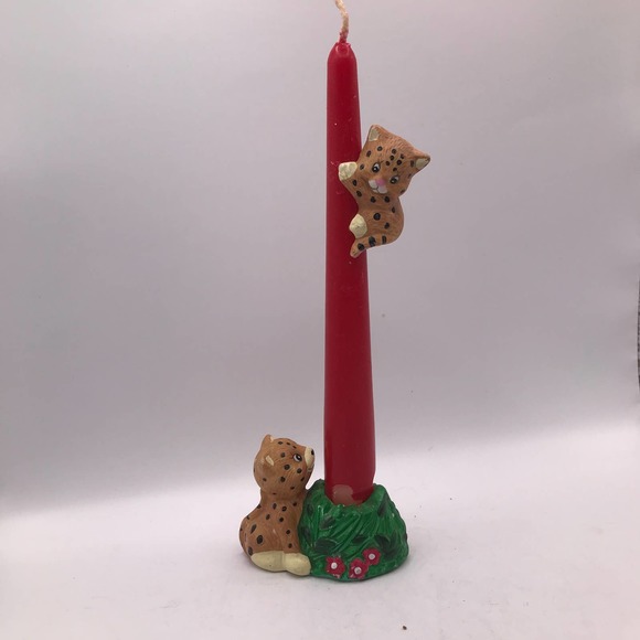 Charming Vintage Giftco  Cheetah  and climbing Cub Candleholder  Hand painted - Picture 1 of 11